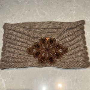 C.C Taupe Knit Ear Warmer Headband with Brown Beaded Floral Accent